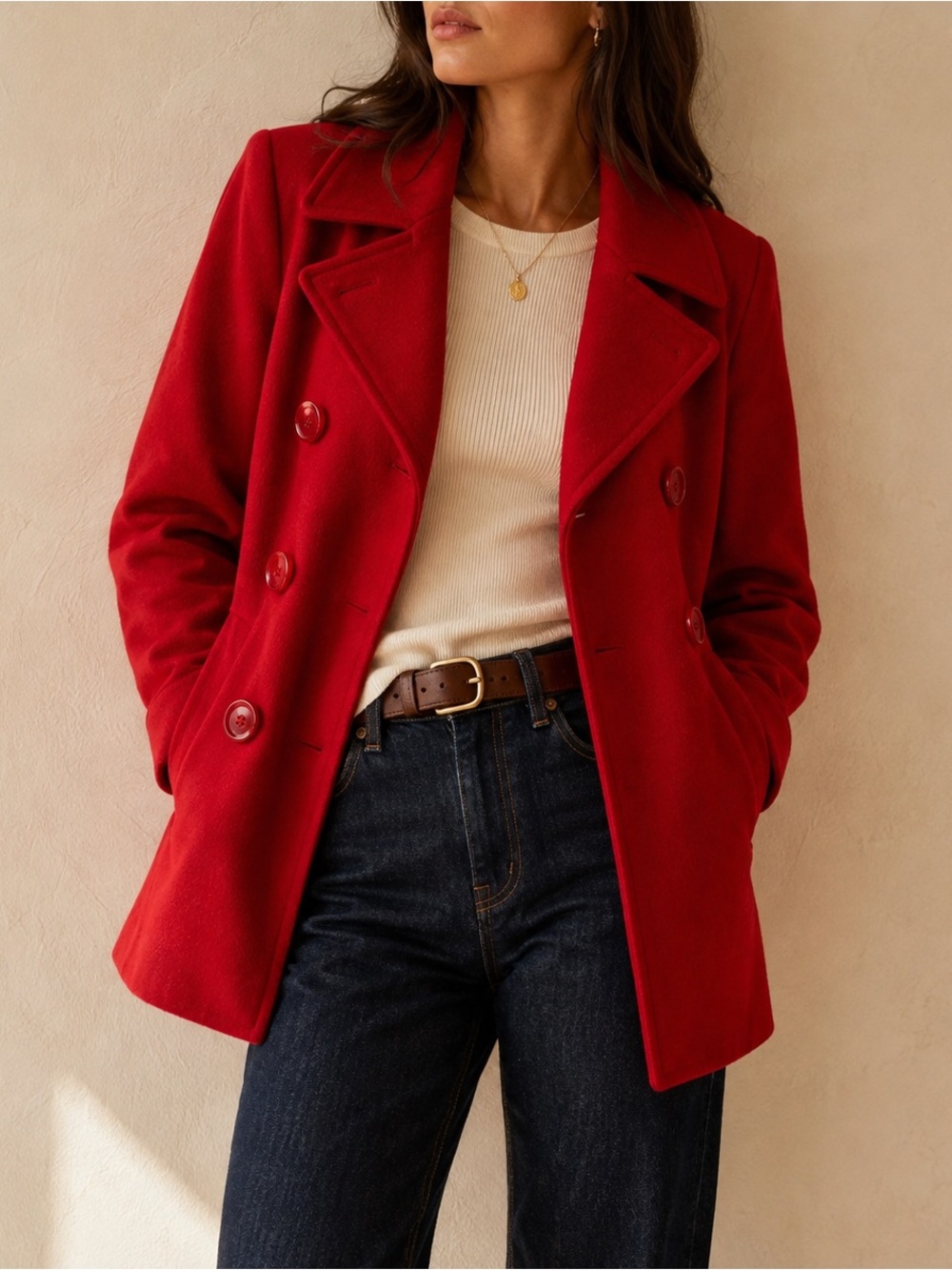 Red 100% Wool Double Breasted Peacoat Petite Medium Classic Preppy Jacket